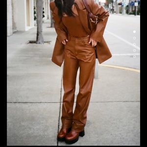 NWT Tan Zara Pants Faux Leather Straight Leg Caramel Color